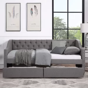 Upholstered Twin Size daybed with Drawers, Linen Fabric Bedroom Furniture Bedframe