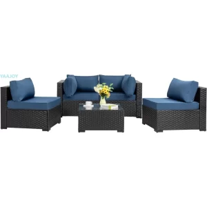 Shintenchi 5 Pieces Outdoor Patio Sectional Sofa Couch, Black PE Wicker Furniture Sets, Patio Conversation Sets, Aegean Blue